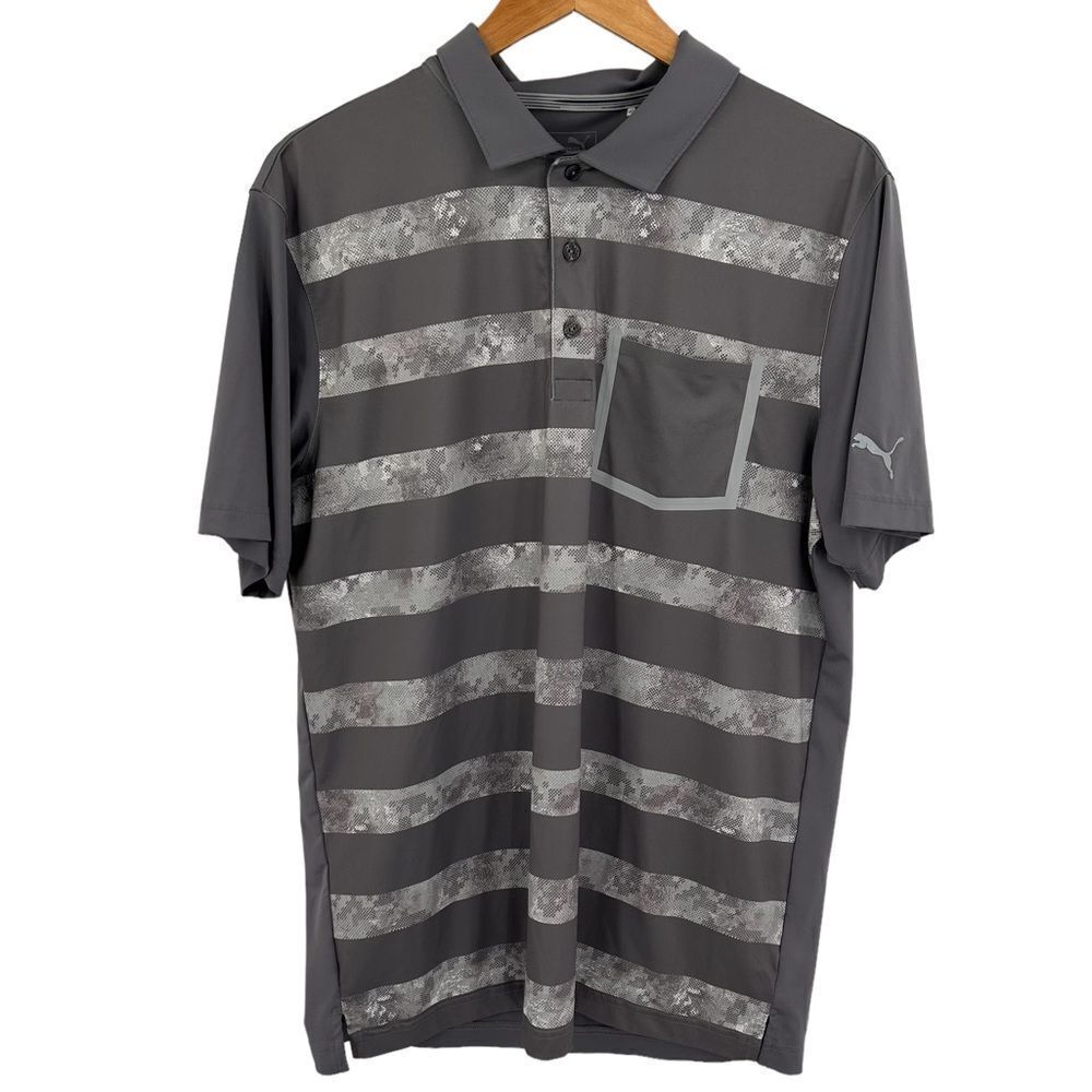 Puma gray and white striped swirl print golf shirt size medium